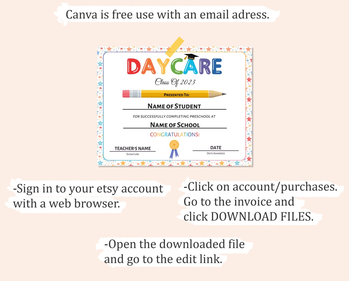 Editable DAYCARE GRADUATION DIPLOMA, Printable Daycare Certificate ...