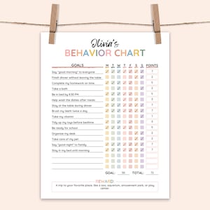 Könnte beinhalten: Ein farbenfroher, druckbarer Verhaltens-Chart für Kinder mit einer Checkliste für tägliche Aufgaben und einem Belohnungssystem. Der Chart beinhaltet Ziele wie "Guten Morgen" sagen, Hausaufgaben erledigen, Baden, Zähneputzen und Aufräumen von Spielzeug. Die Belohnung ist ein Ausflug an einen Lieblingsort wie einen Zoo, ein Aquarium, einen Vergnügungspark oder ein Spielzentrum.