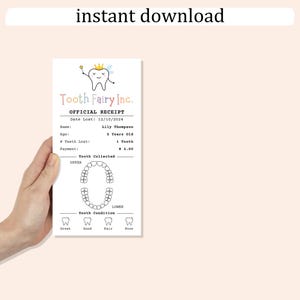 May include: A printable tooth fairy receipt template with a tooth fairy illustration, a place to fill in the child's name, age, date the tooth was lost, and the amount paid. The receipt also includes a chart to track the child's lost teeth.