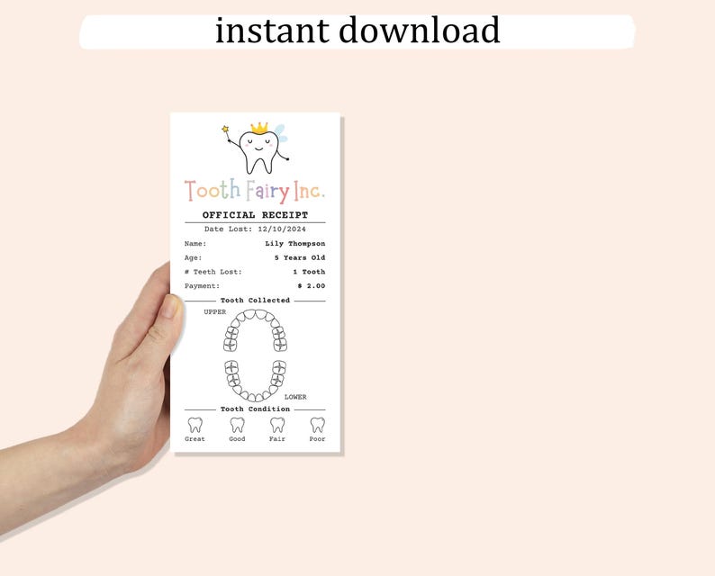 May include: A printable tooth fairy receipt template with a tooth fairy illustration, a place to fill in the child's name, age, date the tooth was lost, and the amount paid. The receipt also includes a chart to track the child's lost teeth.