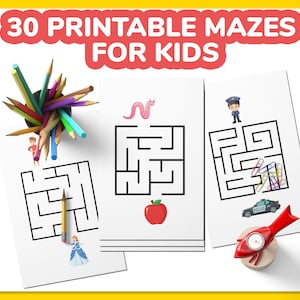 May include: 30 Printable Mazes for Kids. Three black and white maze worksheets with different illustrations. The first maze has a worm, the second has a police officer, and the third has a princess.