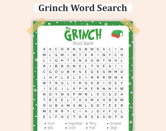 GRINCH WORD SEARCH Printable, Christmas Word Search, The Grinch Christmas Activity, Xmas Word Search, Fun Christmas Games
