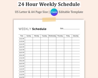24 Hour Weekly Schedule: Editable Canva Planner (Digital Download)