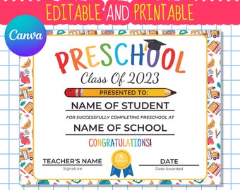 Editable Preschool Graduation Certificate Template (Digital Download)