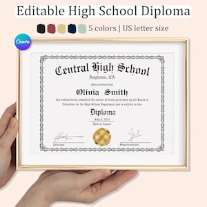 Plantilla editable de diploma de ESCUELA SECUNDARIA, Diploma de escuela en casa, Diploma imprimible con sello de oro, Diploma de bricolaje, Diploma de reemplazo