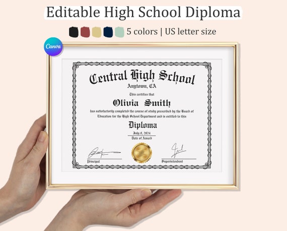 Editable HIGH SCHOOL Diploma Template, Home School Diploma, Printable Diploma With Gold Seal, DIY Diploma, Replacement Diploma