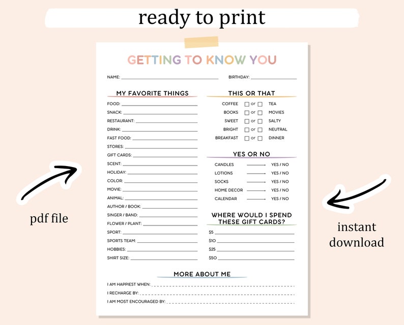 Editable Get to Know You Printable, Get to Know My Team, Getting to ...