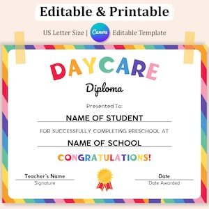 Bearbeitbare DAYCARE DIPLOMA-Vorlage, Abschlusszertifikat für die Kindertagesstätte, Abschlussdiplom, letzter Schultag, Prek-Zertifikat