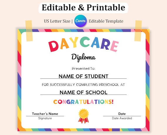 Editable DAYCARE DIPLOMA Template, Daycare Graduation Certificate, Graduation Diploma, Last Day Of School, Prek Certificate