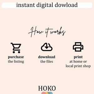 May include: Illustration showing how to purchase, download, and print digital files. The illustration shows a shopping cart, a cloud with a download arrow, and a printer. The text "How it works" is written in cursive above the illustrations. The text "instant digital download" is written in a white box at the top of the image.