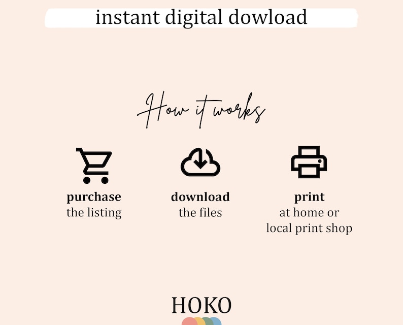 May include: Illustration showing how to purchase, download, and print digital files. The illustration shows a shopping cart, a cloud with a download arrow, and a printer. The text "How it works" is written in cursive above the illustrations. The text "instant digital download" is written in a white box at the top of the image.
