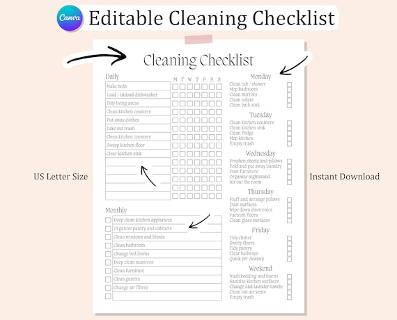 Editable CLEANING CHECKLIST, Minimalist Cleaning Schedule Printable Template, Cleaning Planner, Instant Download