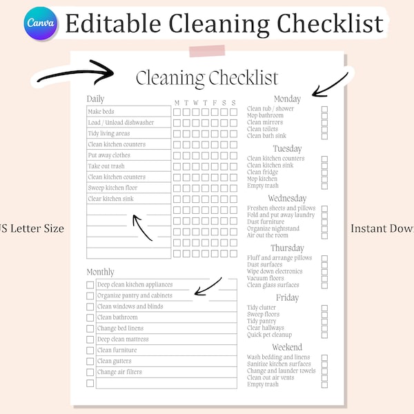 Editable CLEANING CHECKLIST, Minimalist Cleaning Schedule Printable Template, Cleaning Planner, Instant Download