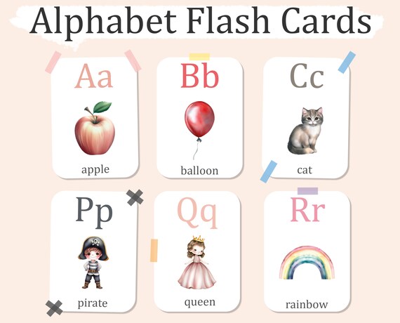 Watercolor ALPHABET FLASH CARDS, Digital Printable Alphabet Learning Cards, Montessori Alphabet Poster, Classroom Decor, Calming Corner