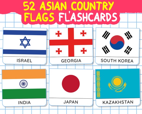 52 Asian Flags Montessori Flashcards, Asian Country Flashcards, Printable Country Cards, Preschool Countries Cards, Download PDF, PNG