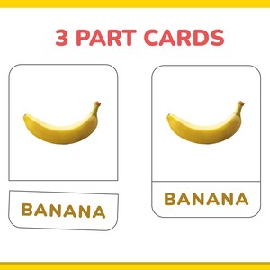 May include: A three-part flashcard set for learning about fruit. The card shows a yellow banana with a red stem. The word "banana" is written below the image in brown text.