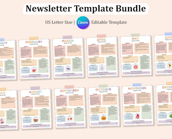 Editable Teacher Newsletter Template Bundle, PTA Templates, Monthly School Newsletter Template, 12 Month School Flyer, Canva Template