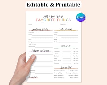 May include: Printable worksheet with the title "Just a few of my favorite things". The worksheet is divided into sections for food and drinks, entertainment, hobbies and more, yes or no, and this or that. Each section has a list of prompts for the user to fill in.