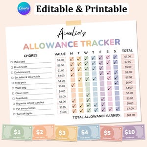 Puede incluir: Un gráfico de seguimiento de la asignación imprimible para niños con un diseño colorido. El gráfico incluye una lista de tareas, un valor para cada tarea y un espacio para marcar los días de la semana en que se completó la tarea. El gráfico también incluye una sección de asignación total ganada.