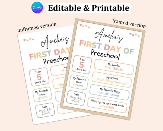 Editable FIRST DAY Of SCHOOL Sign Printable, 1st Day Of School, Back To School Sign, Kids First Day Of School, Pre K, Kindergarten, Daycare