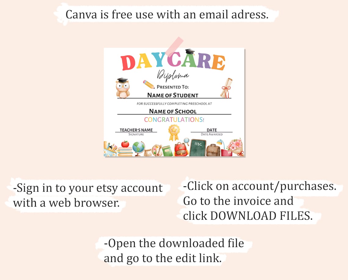 DAYCARE DIPLOMA, Editable Daycare Graduation Certificate, Printable ...