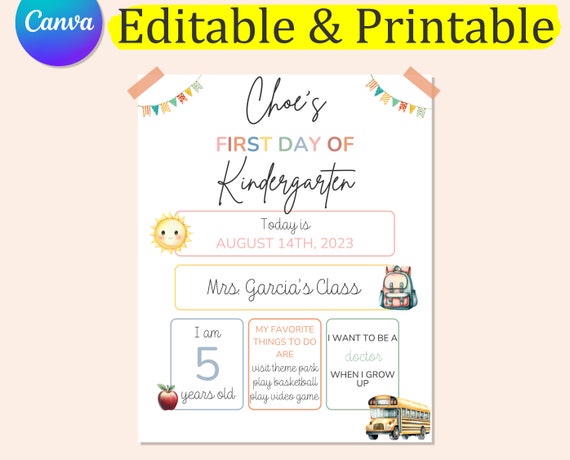 FIRST DAY Of SCHOOL Sign Editable Template, Printable First Day Of School Sign, 1st Day of School, Back To School Sign, Reusable School Sign