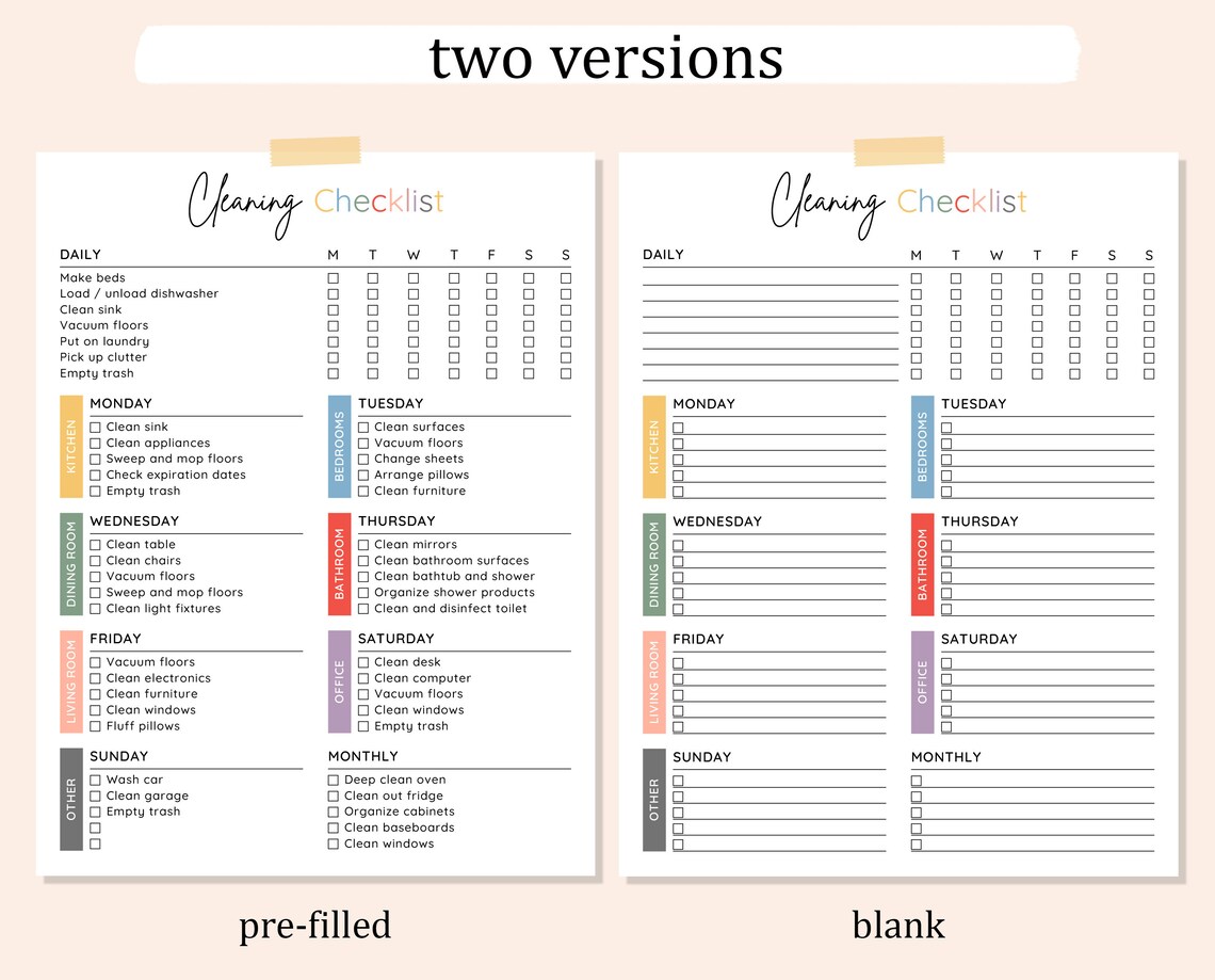 Daily, Weekly, Monthly Cleaning Checklist Editable, Daily Cleaning ...