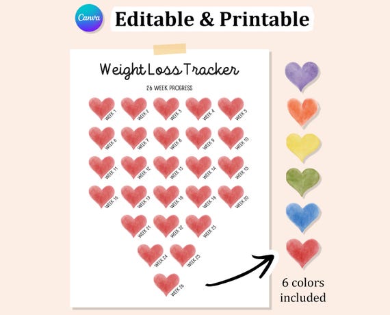 Editable WEIGHT LOSS TRACKER Printable, Weekly Weight Watchers, Weight Loss Journal, Watercolor Pounds Lost, 26 Week Weight Loss Tracker
