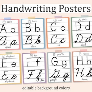 CURSIEVE handschrift ALFABET POSTERS, afdrukbaar klasdecor, cursieve kaarten, bewerkbare achtergrondkleuren