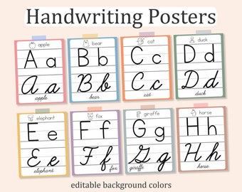 CURSIVE Handwriting ALPHABET POSTERS, Printable Classroom Decor, Cursive Cards, Editable Background Colors