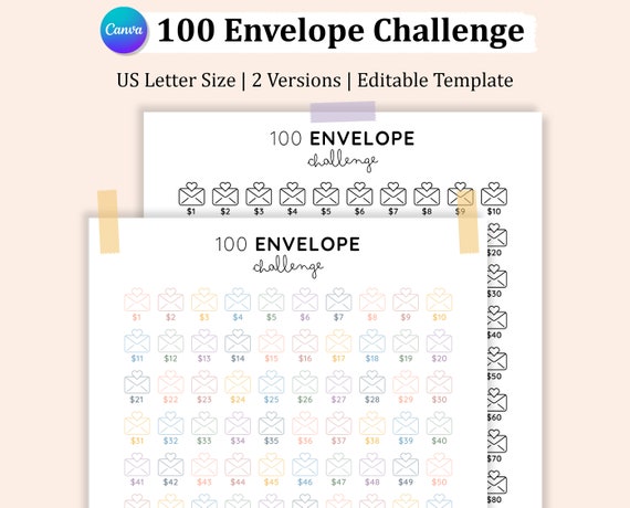 Editable 100 Envelope Challenge Printable Tracker, 5050 Savings Challenge, Money Saving Challenge, Digital Download Money Envelope