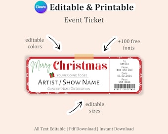 Editable Christmas Ticket Template, Christmas Concert Ticket, Concert Ticket Gift Template, Printable Concert Ticket, Custom Event Ticket