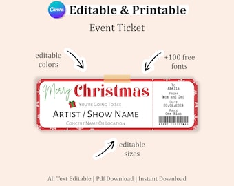 Könnte beinhalten: Editierbare Weihnachts-Ticketvorlage mit rotem und weißem Schneeflocken-Design. Der Text lautet "Frohe Weihnachten" und "Sie werden sehen ARTIST/SHOW NAME CONCERT NAME OR LOCATION". Das Ticket enthält auch editierbare Felder für "An", "Von", "Datum" und "Preis".