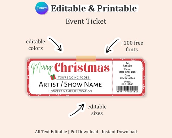 Editable Christmas Ticket Template, Christmas Concert Ticket, Concert Ticket Gift Template, Printable Concert Ticket, Custom Event Ticket