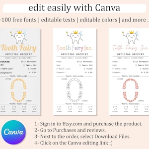 May include: Three printable tooth fairy receipt templates with a cute tooth fairy illustration. Each template has a section for the child's name, age, date the tooth was lost, number of teeth lost, payment amount, and a section to draw the teeth. The templates are editable in Canva.