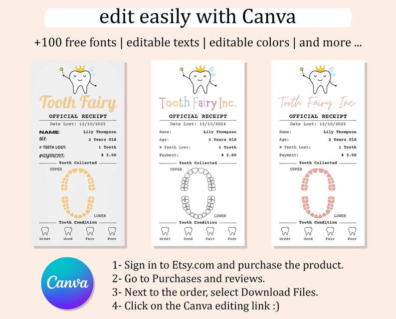 May include: Three printable tooth fairy receipt templates with a cute tooth fairy illustration. Each template has a section for the child's name, age, date the tooth was lost, number of teeth lost, payment amount, and a section to draw the teeth. The templates are editable in Canva.