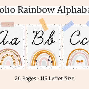 Cartazes de alfabeto cursivo boho arco-íris, cartões de alfabeto cursivo para impressão, alfabeto cursivo boho, decoração de alfabeto arco-íris neutro para sala de aula