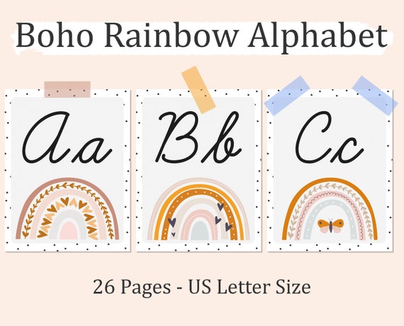 CURSIVE BOHO Rainbow ALPHABET Posters, Printable Cursive Alphabet Cards, Boho Cursive Alphabet, Neutral Rainbow Classroom Alphabet Decor