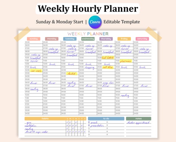 Editable Week At A Glance, Weekly Hourly Planner Printable, To Do List Weekly, 24 Hour Daily Planner, Weekly Schedule, Adhd