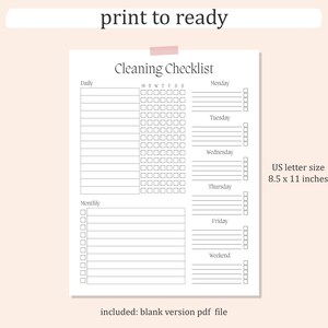 K&ouml;nnte beinhalten: Druckbare Reinigungscheckliste mit Abschnitten f&uuml;r t&auml;gliche, w&ouml;chentliche und monatliche Aufgaben. Die Checkliste ist f&uuml;r das US-Briefformat, 8,5 x 11 Zoll, formatiert.