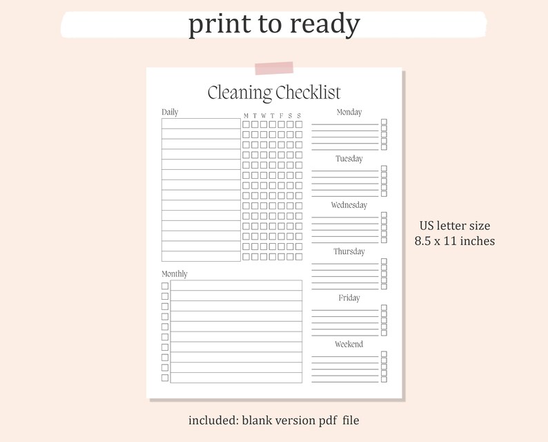 K&ouml;nnte beinhalten: Druckbare Reinigungscheckliste mit Abschnitten f&uuml;r t&auml;gliche, w&ouml;chentliche und monatliche Aufgaben. Die Checkliste ist f&uuml;r das US-Briefformat, 8,5 x 11 Zoll, formatiert.