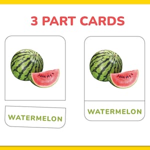 May include: A three-part card set with a picture of a watermelon, a slice of watermelon, and the word "WATERMELON" written below the image.