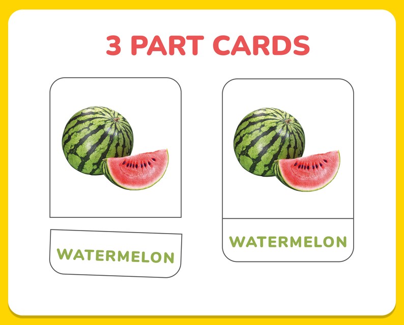 May include: A three-part card set with a picture of a watermelon, a slice of watermelon, and the word "WATERMELON" written below the image.