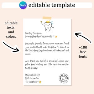 May include: A printable tooth fairy note template with a cute cartoon tooth fairy illustration. The note says "Dear Lily Thompson. Hooray! I heard you lost a tooth!" and includes a message from the tooth fairy.