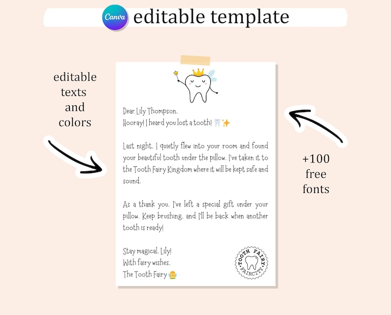 May include: A printable tooth fairy note template with a cute cartoon tooth fairy illustration. The note says "Dear Lily Thompson. Hooray! I heard you lost a tooth!" and includes a message from the tooth fairy.