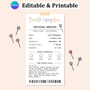 RECIBO DE FADA DO DENTE editável Certificado para impressão, Carta de Fada do Dente para Dente Perdido, Primeira Fada do Dente, Nota da Fada do Dente, Cartão da Fada do Dente