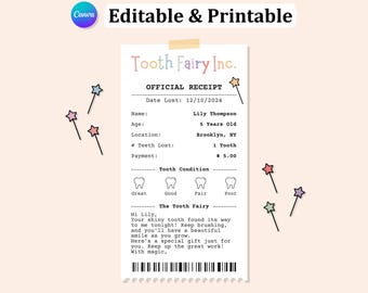 May include: A printable tooth fairy receipt template with a pink, blue, and yellow color scheme. The receipt includes fields for the child's name, age, location, number of teeth lost, and payment. The receipt also includes a tooth condition chart with options for great, good, fair, and poor.