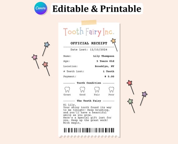 Editable TOOTH FAIRY RECEIPT Printable Certificate, Tooth Fairy Letter For Lost Tooth, First Tooth Fairy, Tooth Fairy Note, Toothfairy Card