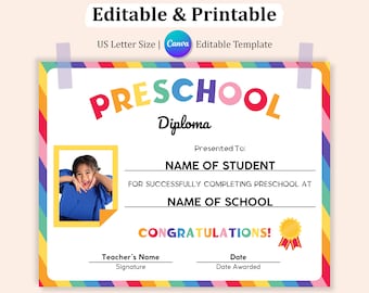 Editable Preschool Graduation Diploma Template (Digital Download)