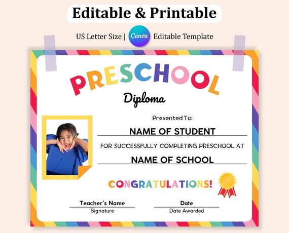 Editable Preschool Diploma With Photo, Preschool Graduation Diploma Template, Preschool Graduation Certificate Of Completion, Pre K Diploma